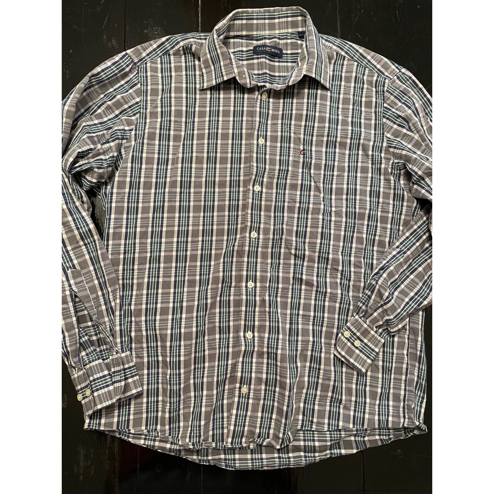 CASA MODA Men's Plaid Button Down Shirt L/41-42 Gray Blue Green Casual